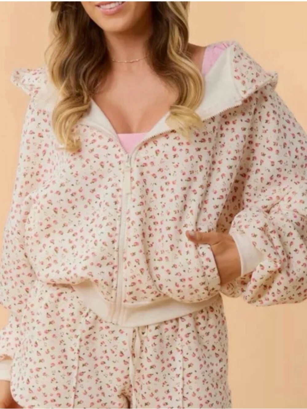 NWT Blogilates Marshmallow Full Zip Hooded Sweatshirt - Cream Floral -XS